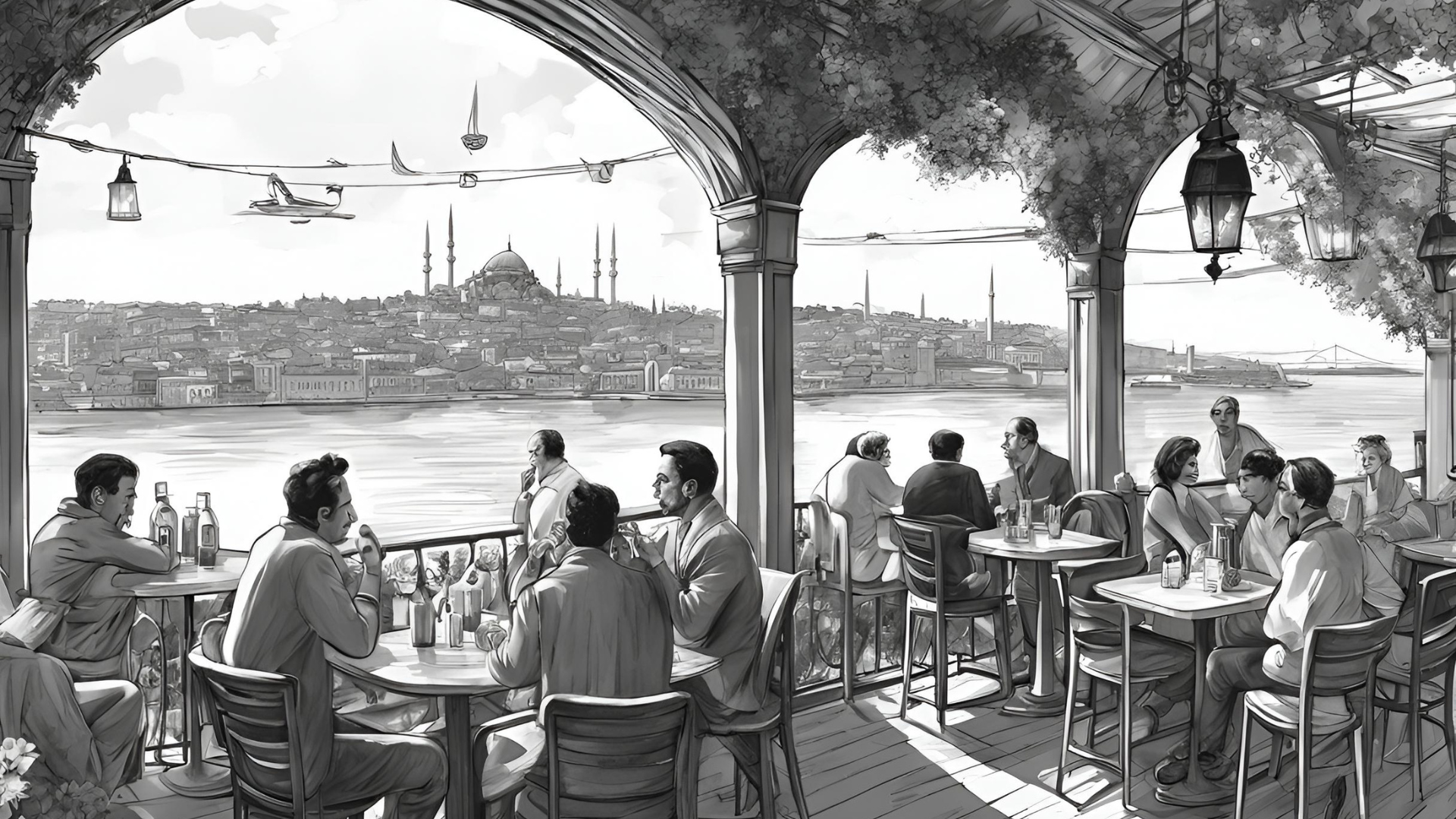 View of Istanbul skyline from a rooftop bar at sunset