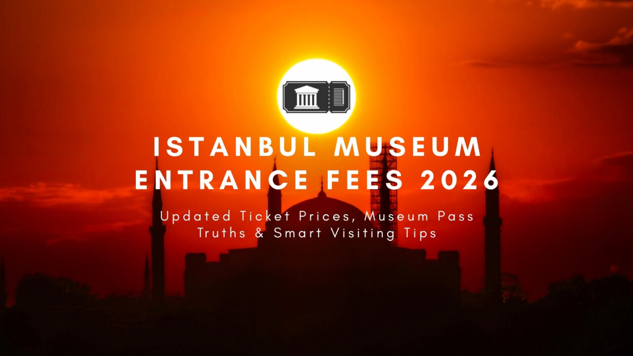 A visitor reading a guidebook in front of Istanbul’s Hagia Sophia, with ticket booths visible, illustrating up-to-date Istanbul Museum Entrance Fees 2026.