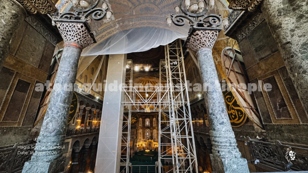 Visiting Hagia Sophia in 2026 — interior scaffolding rising toward the dome during ongoing restoration