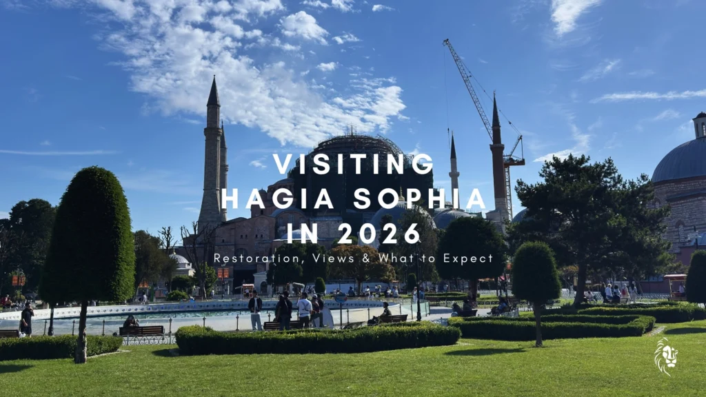 Visiting Hagia Sophia in 2026 — exterior view showing restoration scaffolding on the eastern facade and craneYou said: Can you give titles for 5 of images that I'll use on this article: 1- outside: shows the scafholding, 2- Interior scafholding rises to the dome, 3- An angel im…