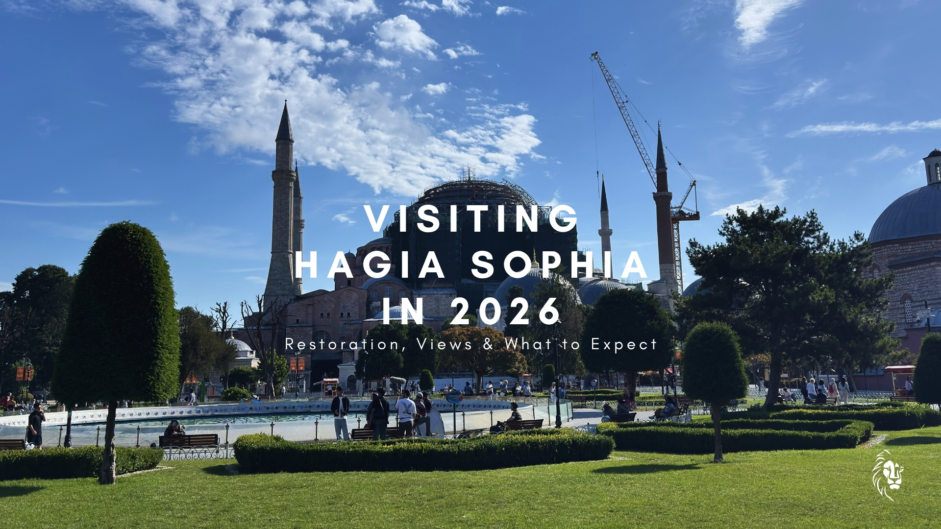 Visiting Hagia Sophia in 2026 — exterior view showing restoration scaffolding on the eastern facade and craneYou said: Can you give titles for 5 of images that I'll use on this article: 1- outside: shows the scafholding, 2- Interior scafholding rises to the dome, 3- An angel im…